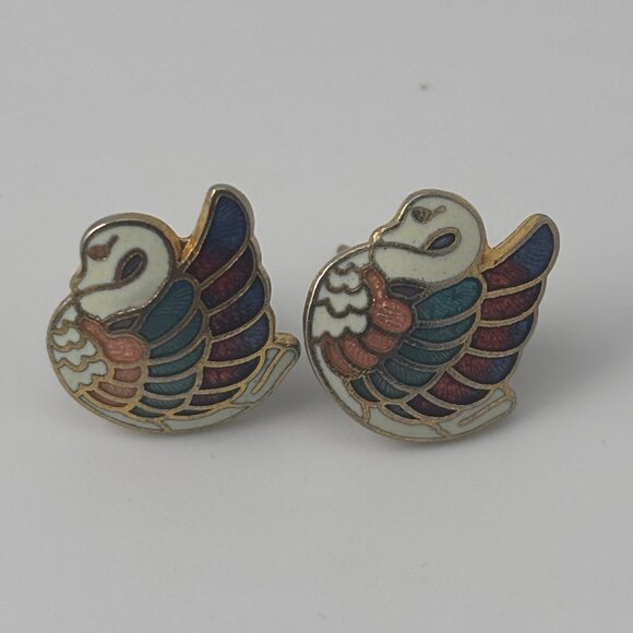 Vintage Fancy Swans Cloisonne Enamel Stud Earrings - Picture 3 of 4